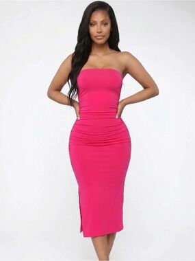 Strapless Ruched Midi Dress in Vibrant Pink
